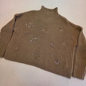 Sfera Mock Neck Knit Sweater Beaded Embroidery Tan Sz Small NWT